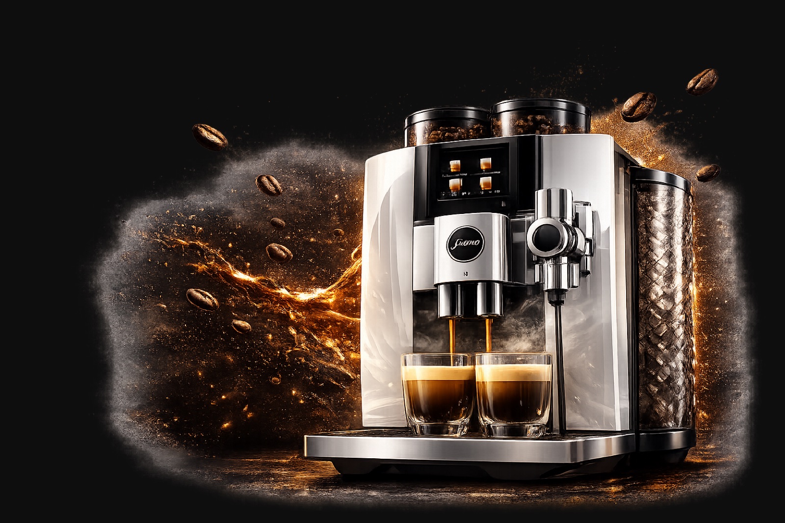 The JURA J8 twin — automated espresso machine on a dark backdrop.