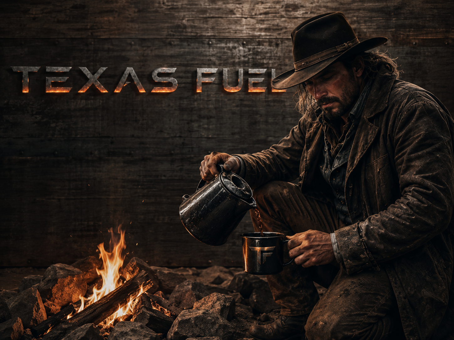 Texas Fuel Coffee Company — kettle pouring at the campfire, TEXAS FUEL burned into the wooden wall.