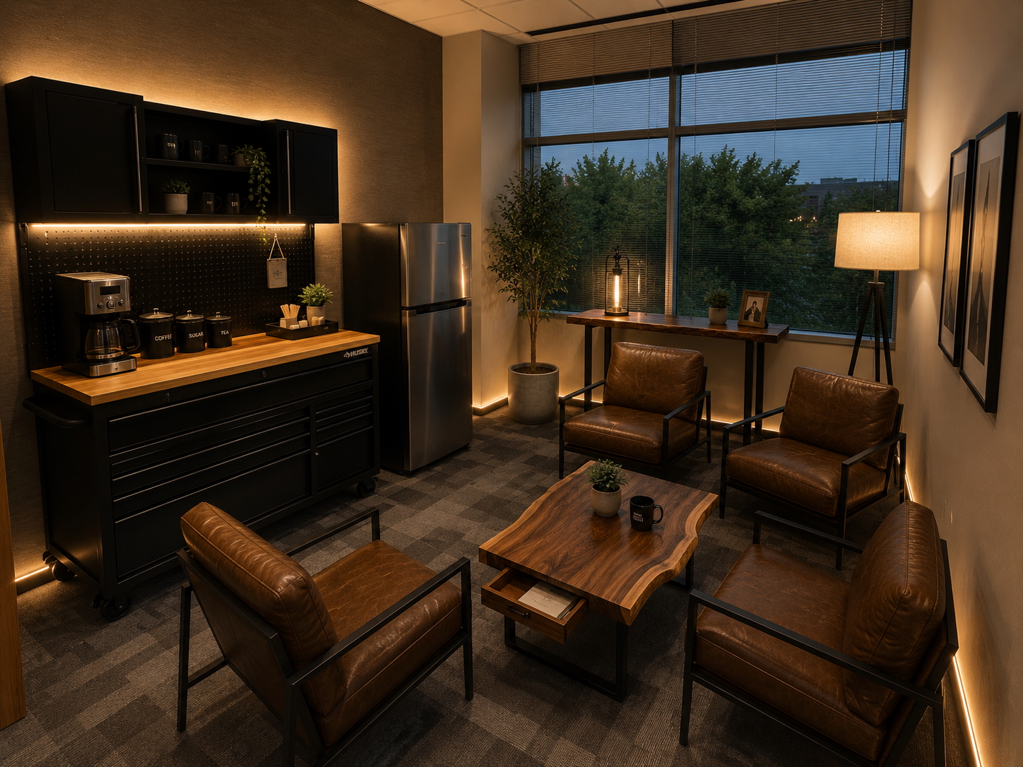 Station No. 001 — leather chairs, wood-top counter with the espresso machine, dusk light through the window.